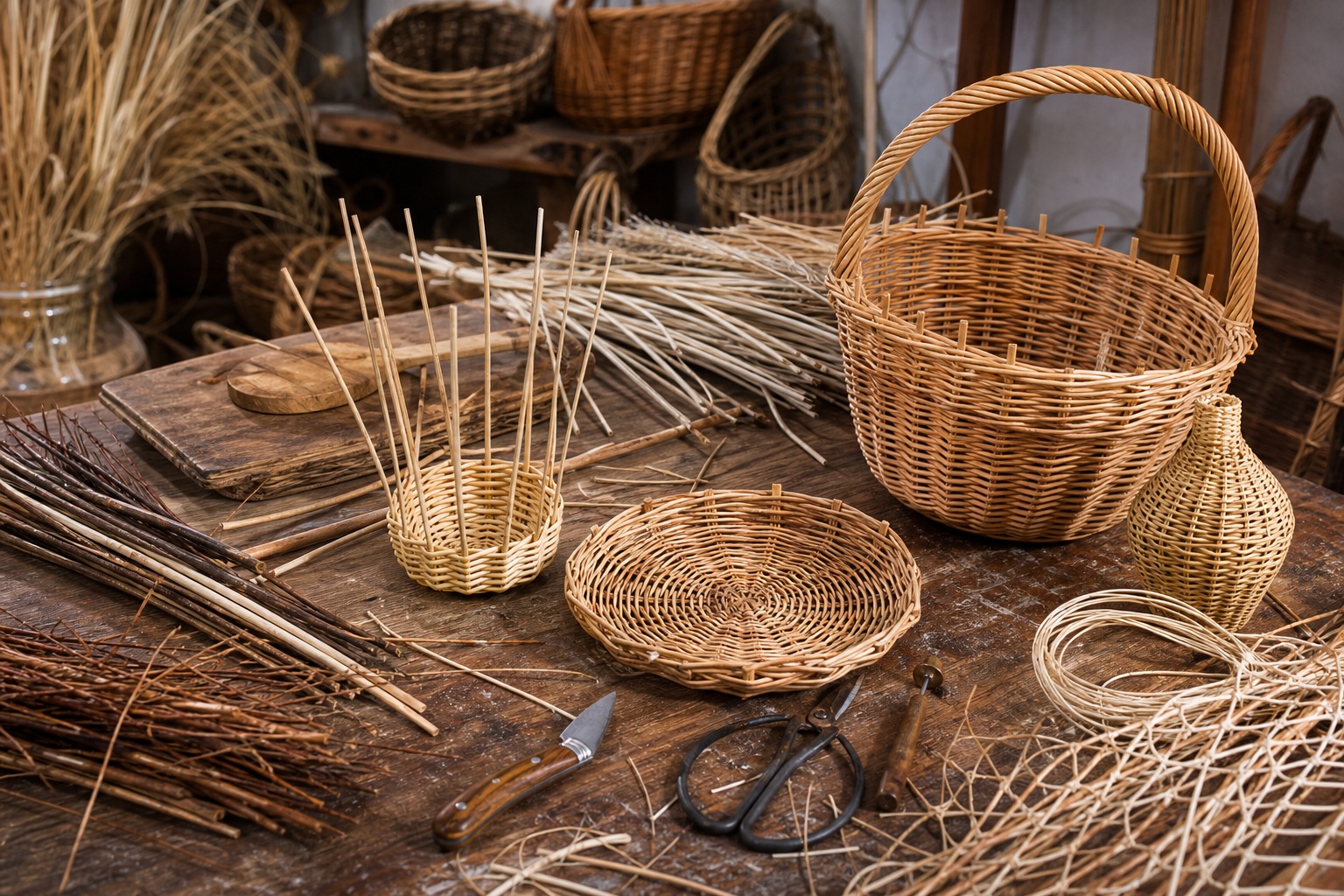 Basket weaving supplies with reeds, baskets, and tools on a wooden table