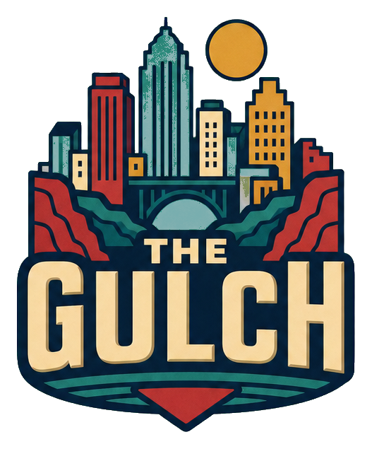 Retro sticker showing The Gulch text beneath a colorful Nashville skyline illustration.