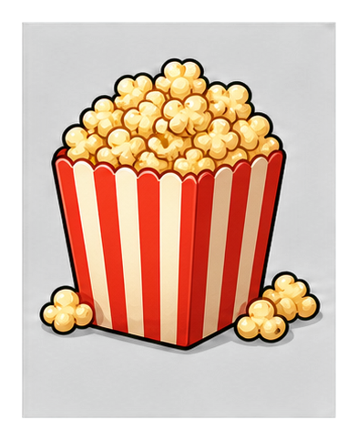 Red and white striped popcorn bucket filled with popcorn on a black background