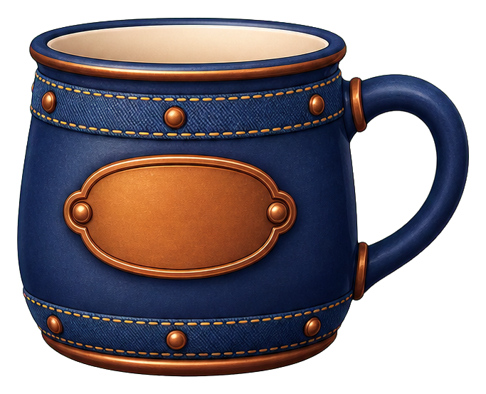 Navy coffee mug badge sticker with tan decorative panel and handle