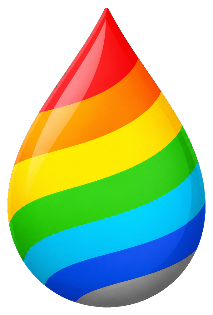 Glossy raindrop shaped sticker with diagonal rainbow stripes.
