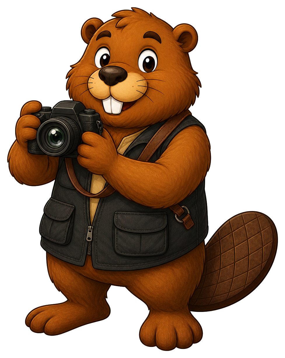 A cartoon beaver holding a camera and wearing a photographer vest