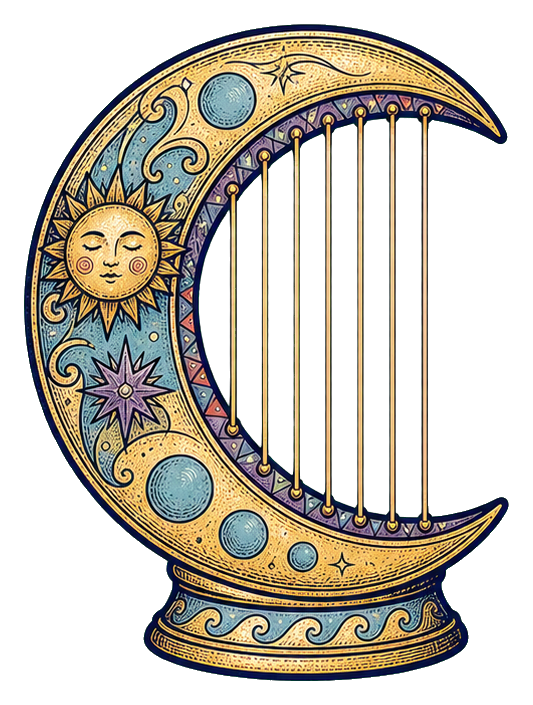Decorative crescent moon harp with sun, moon, and star motifs