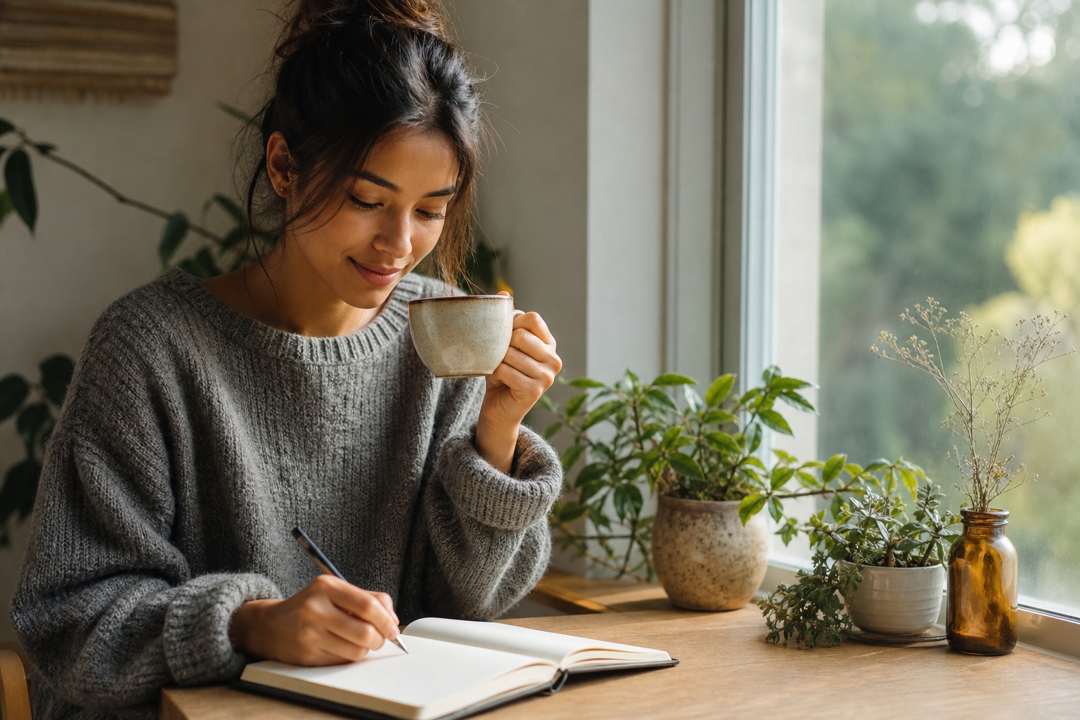Woman writing in a journal beside tea and potted plants near a bright window.