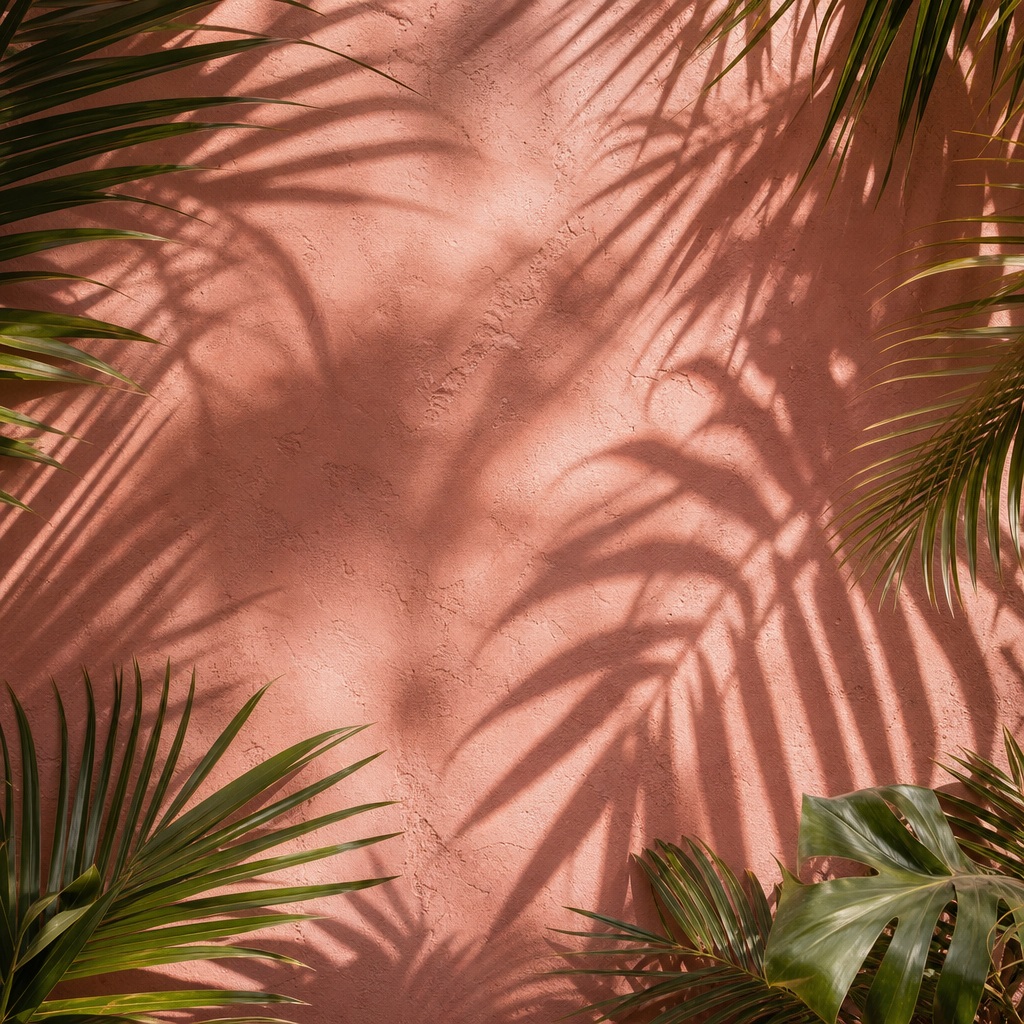 Palm leaf shadows falling across a pink clay background with foliage at the edges.