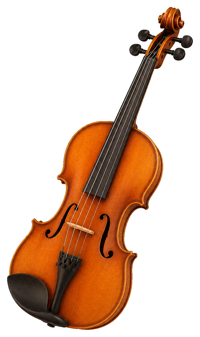 Orange violin sticker with dark strings and chin rest on a transparent background