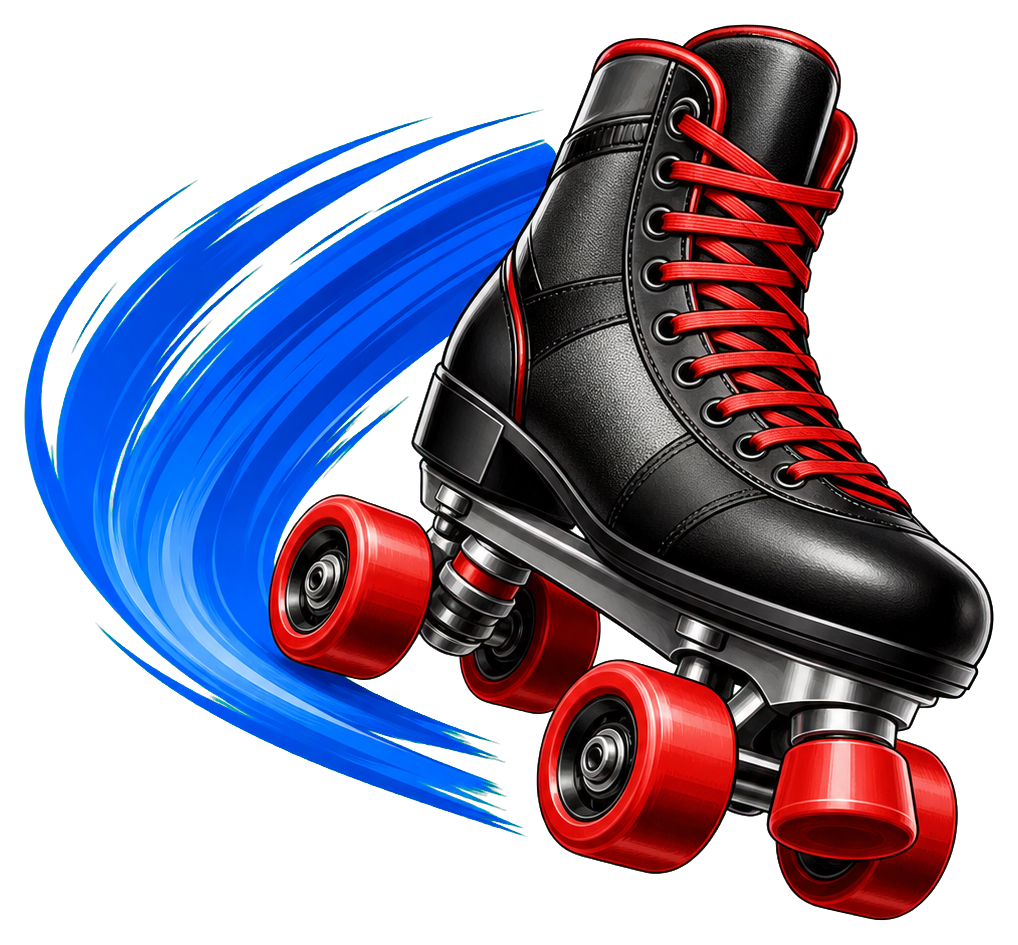 Black and red roller derby skate with blue motion streaks