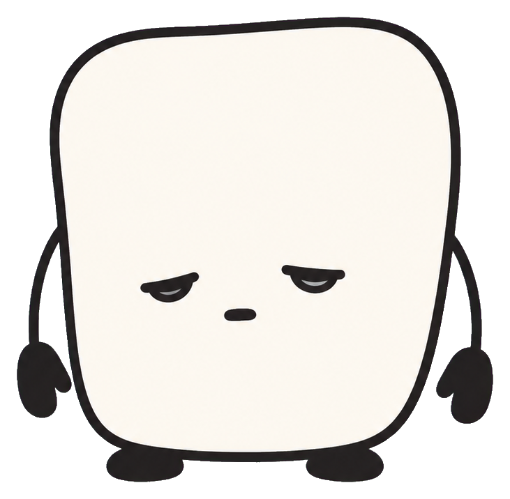 Sleepy rounded character with droopy eyes, tiny arms, and a slumped expression.