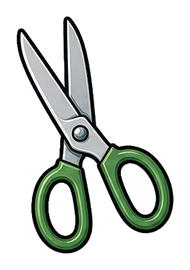 Green-handled florist scissors with silver blades on a transparent background