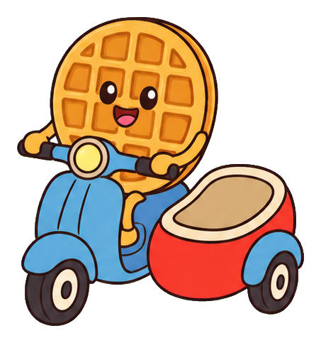Smiling waffle riding a blue scooter with a red sidecar