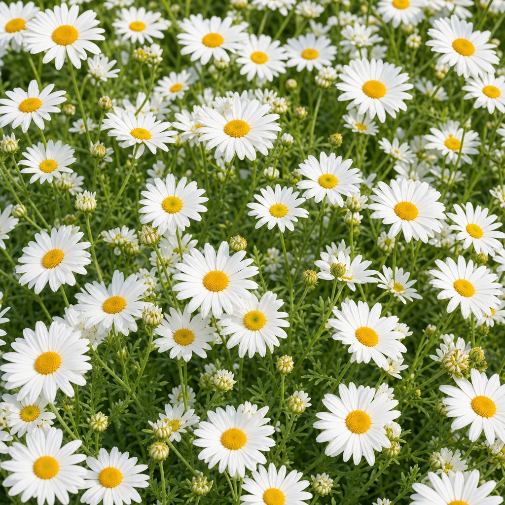 White daisies with yellow centers scattered over dense green foliage.
