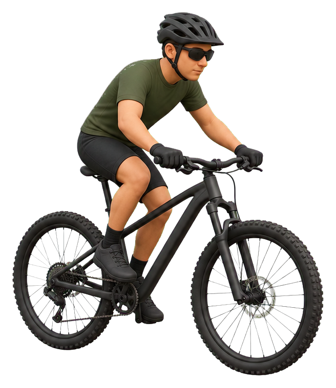 Clay-style mountain biker riding a black bicycle in an athletic forward pose