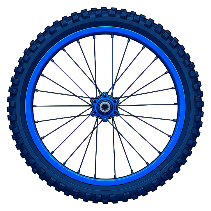 Cobalt blue bicycle wheel graphic with a dark tire and spokes