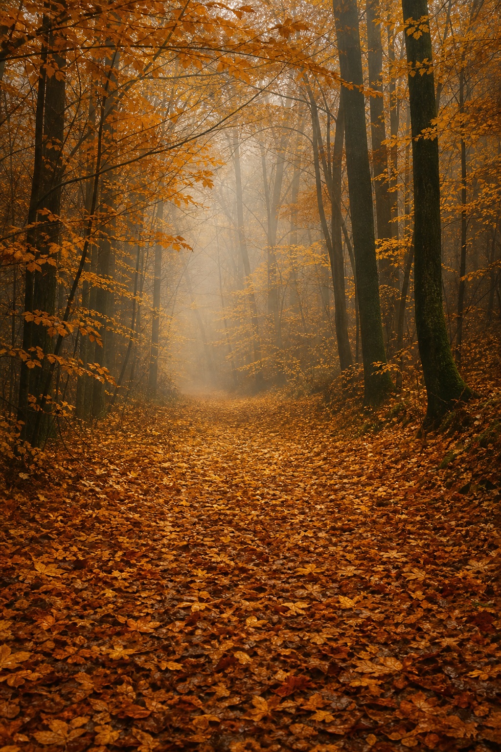 Foggy autumn forest path covered in fallen leaves between tall trees