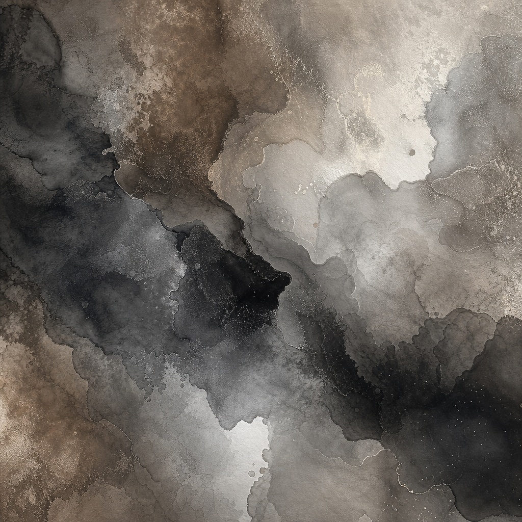 Earth-toned abstract ink wash with dark flowing shapes and soft cloudy gradients