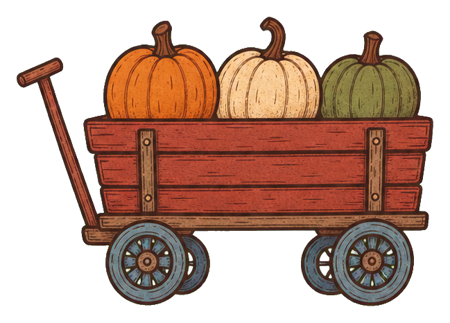 Rustic red wagon filled with three pumpkins and blue wheels.