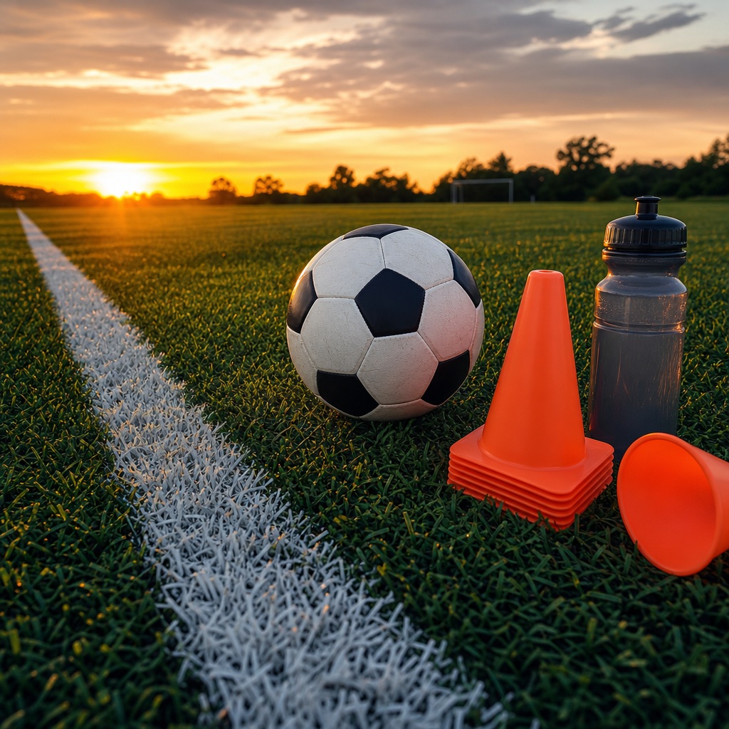 Soccer ball, orange cones, and a water bottle on turf at sunset