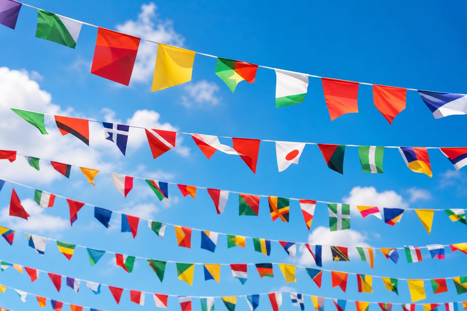 Rows of colorful triangular bunting flags hanging against a bright blue sky.