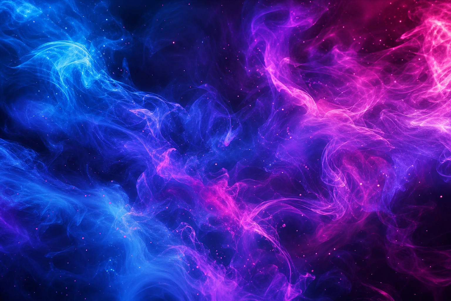 Blue and pink neon smoke-like light trails swirling over a dark background