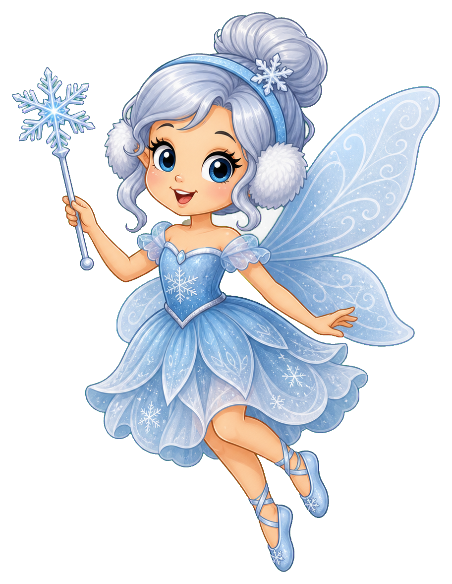 Cute blue fairy holding a snowflake wand with icy wings and a winter dress