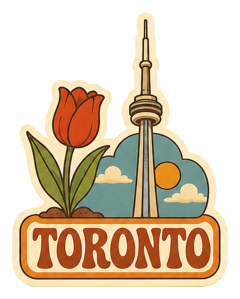 Retro Toronto word art sticker with a tulip, tower, and clouds.