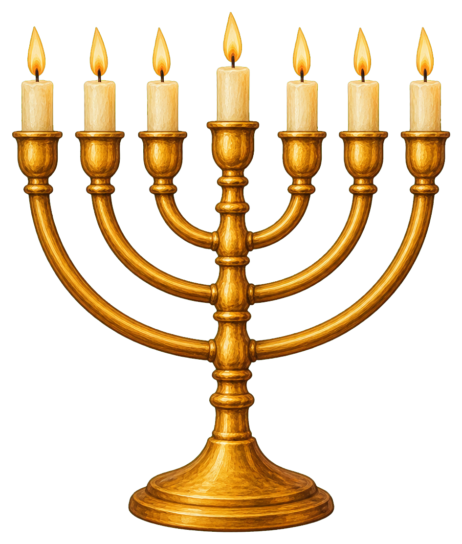 Gold menorah with seven lit candles on a black background