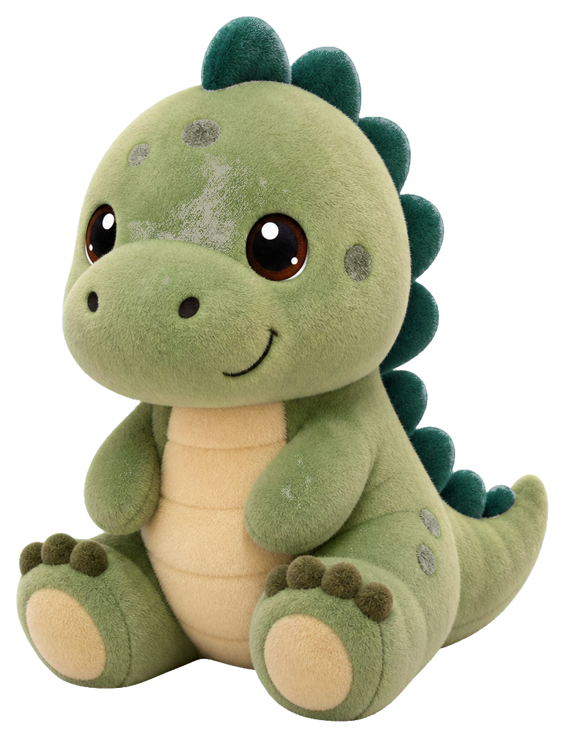 Cute plush green dinosaur with dark spikes and a smiling face sitting down.