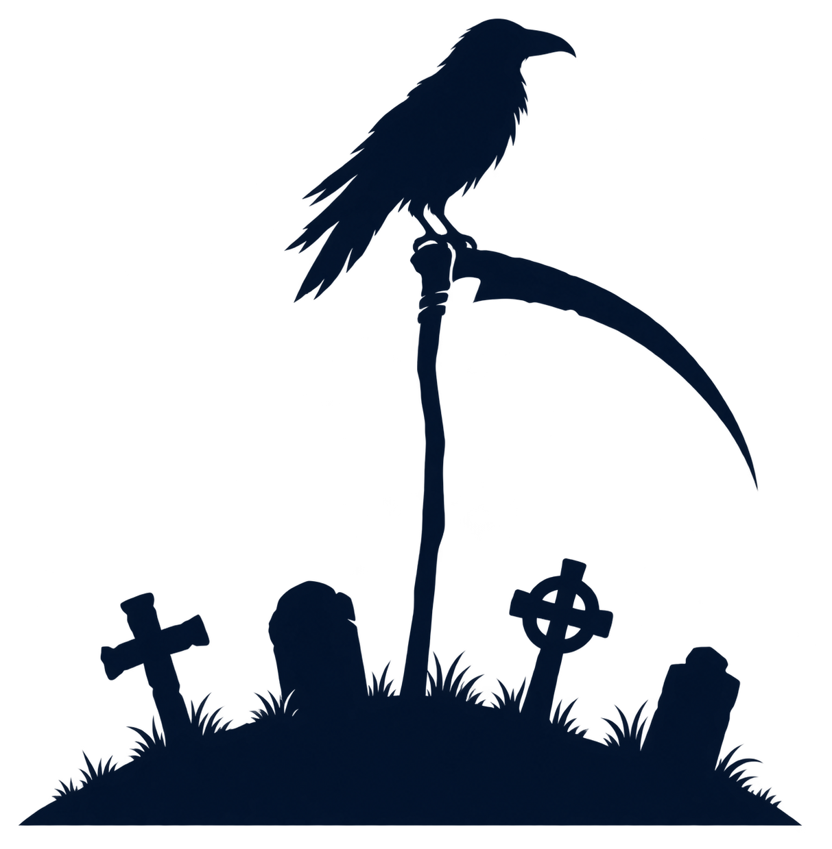 Preview for Navy Raven Perched On A Scythe Over A Silhouette Graveyard