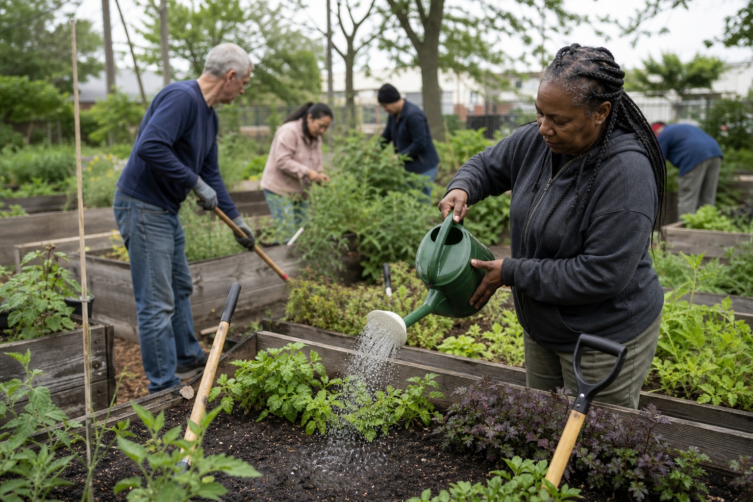 Preview for Community Garden Volunteers Watering Raised Beds Background