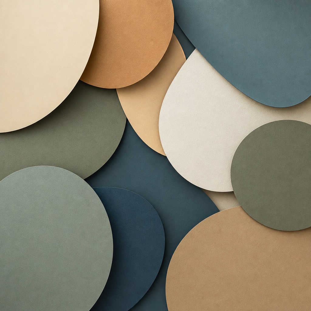 Overlapping rounded paper cut shapes in muted beige, blue, green, and gray tones.
