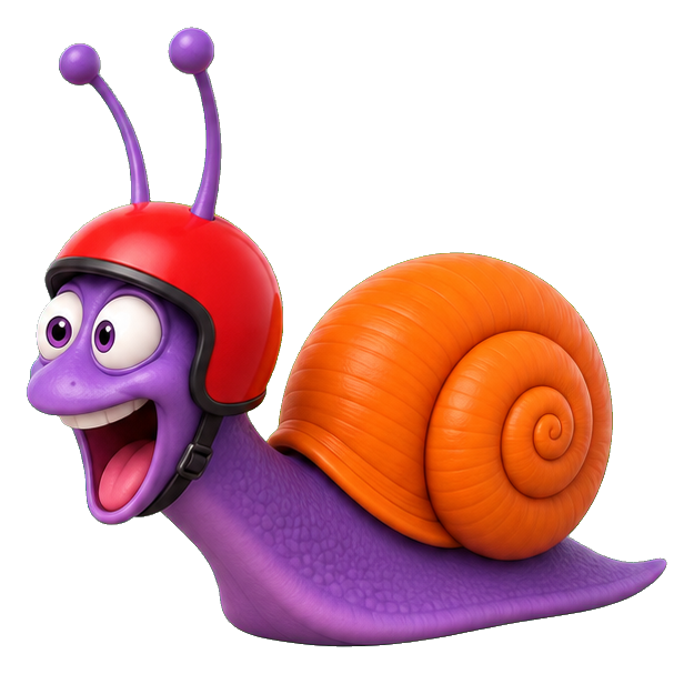 Purple cartoon snail wearing a red racing helmet with open mouth and orange shell