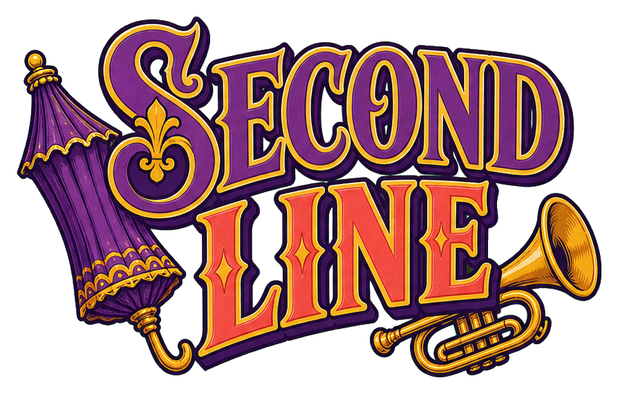Retro Second Line text with a purple parasol and trumpet illustration