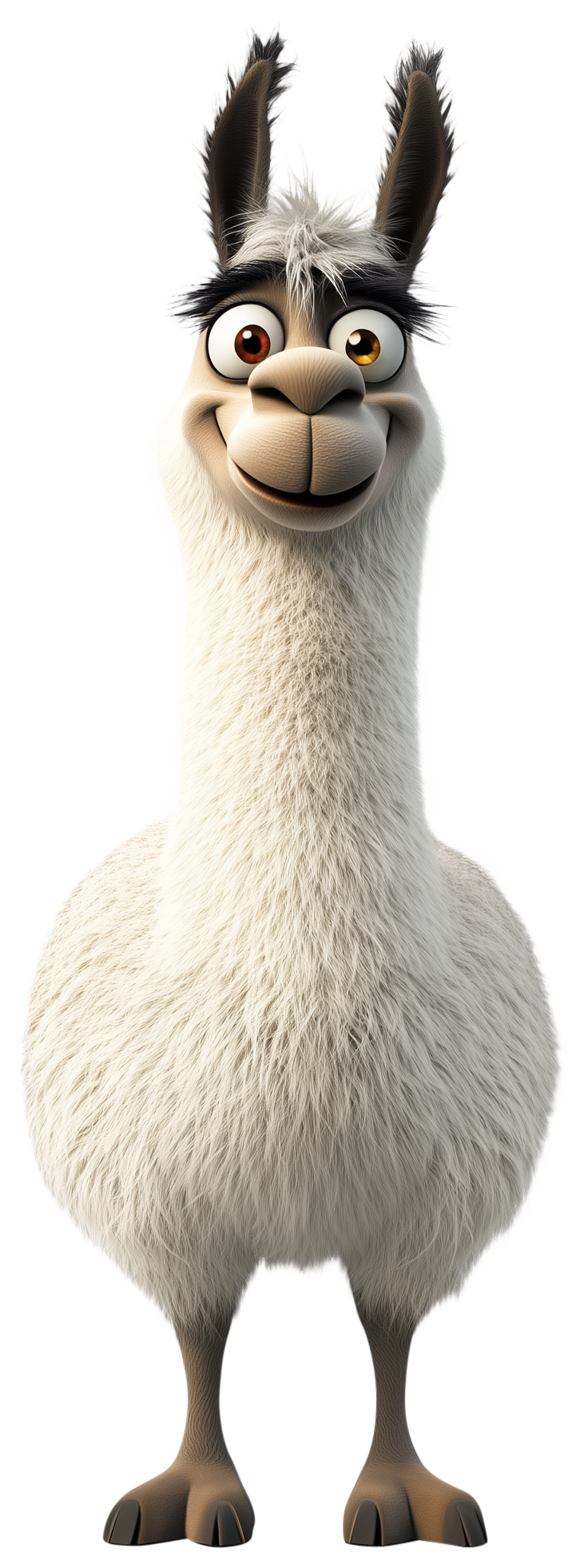 Smiling 3D cartoon llama sticker with fluffy white fur and big eyes