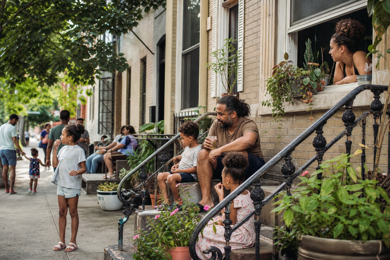 People sitting on a neighborhood stoop beside a sidewalk on a sunny day.