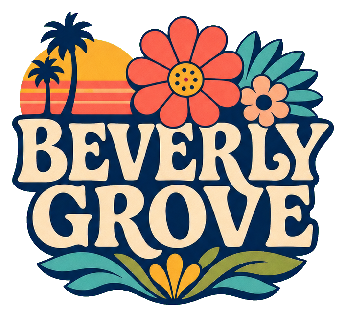 Retro Beverly Grove text with flowers, sunset, and palm trees in a colorful sticker graphic.