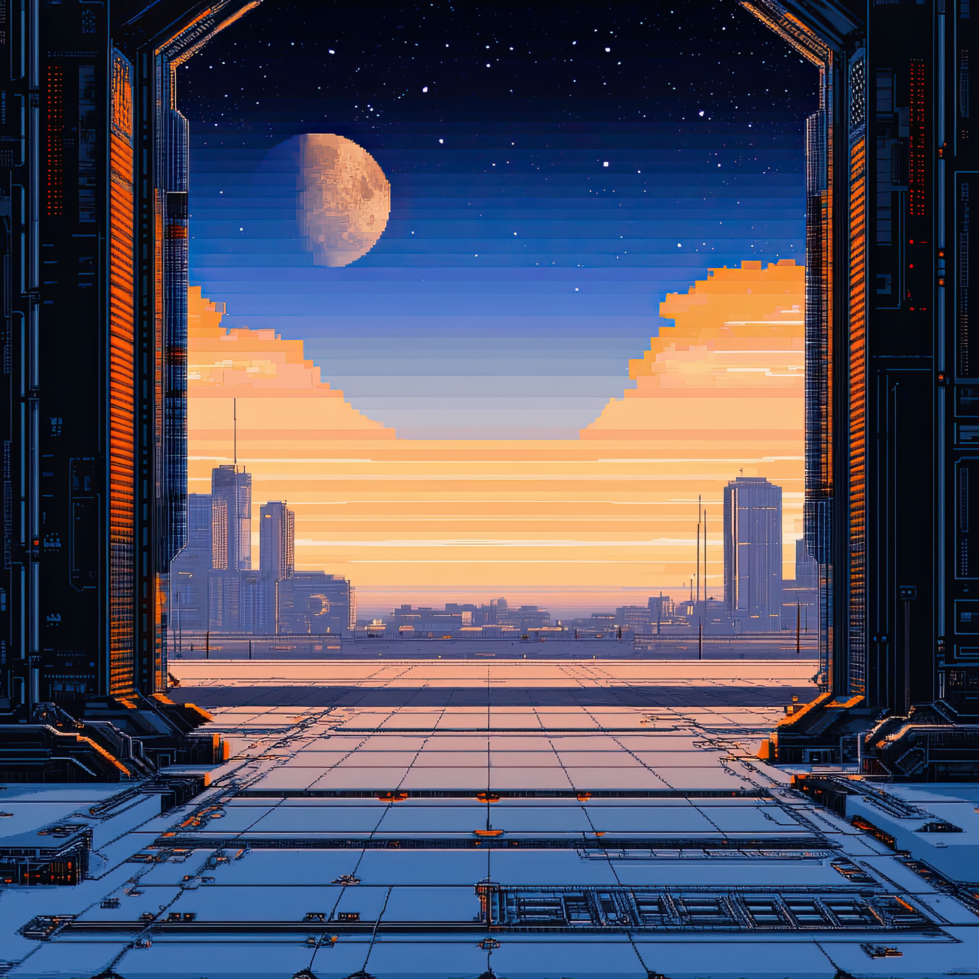 Preview for Futuristic-city-dusk-pixel-art-sci-fi-backdrop-background-9d115