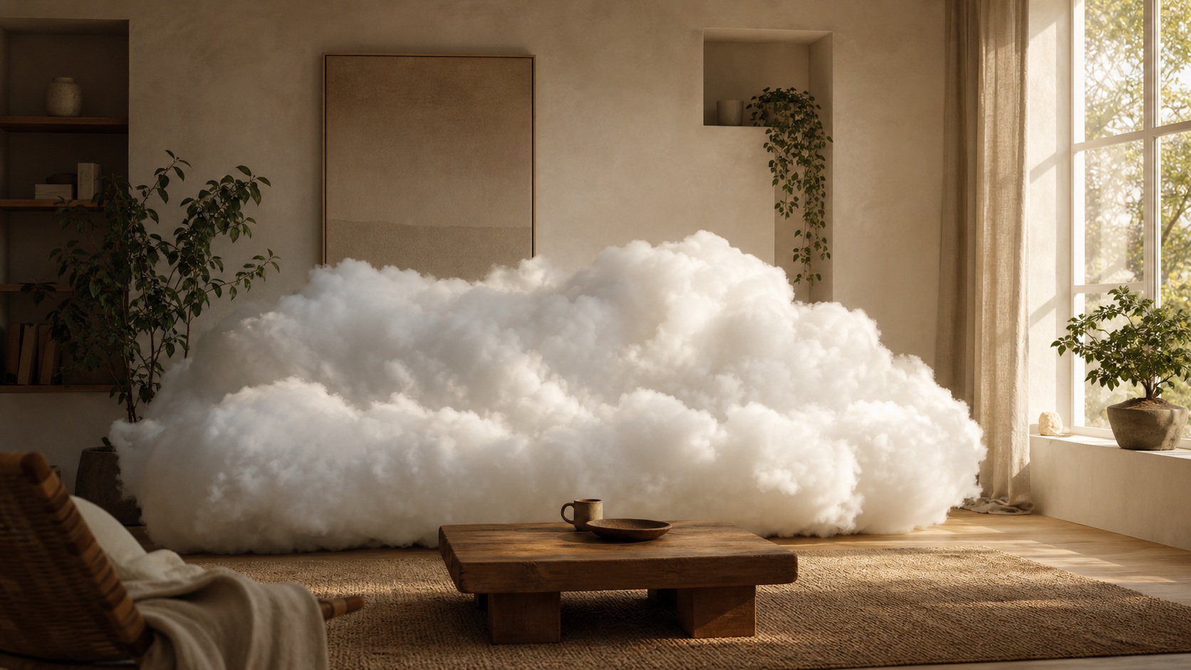 A fluffy cloud-like sofa in a sunlit room with plants and warm window light.