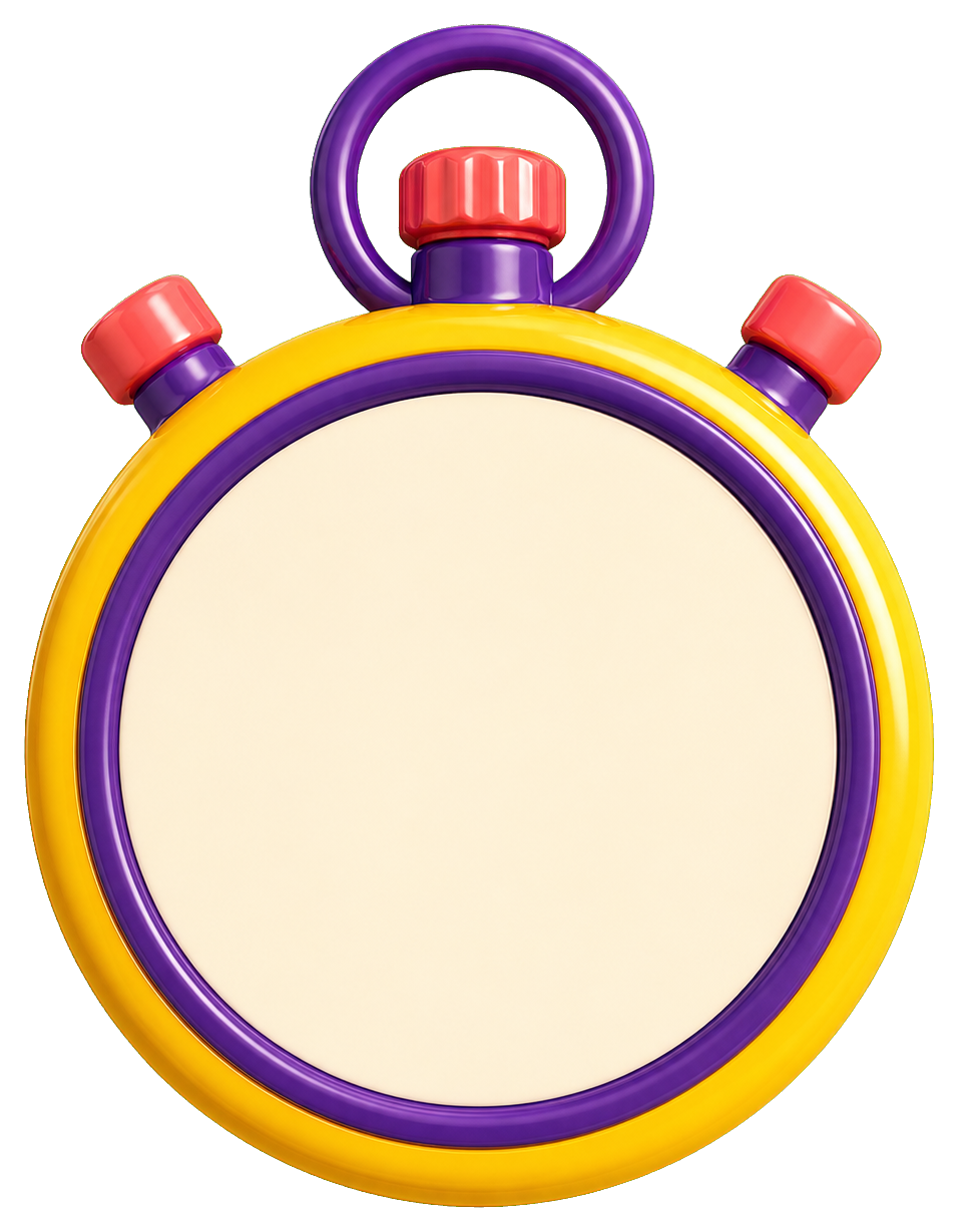 Colorful stopwatch with purple rim, yellow face, and red buttons on black background