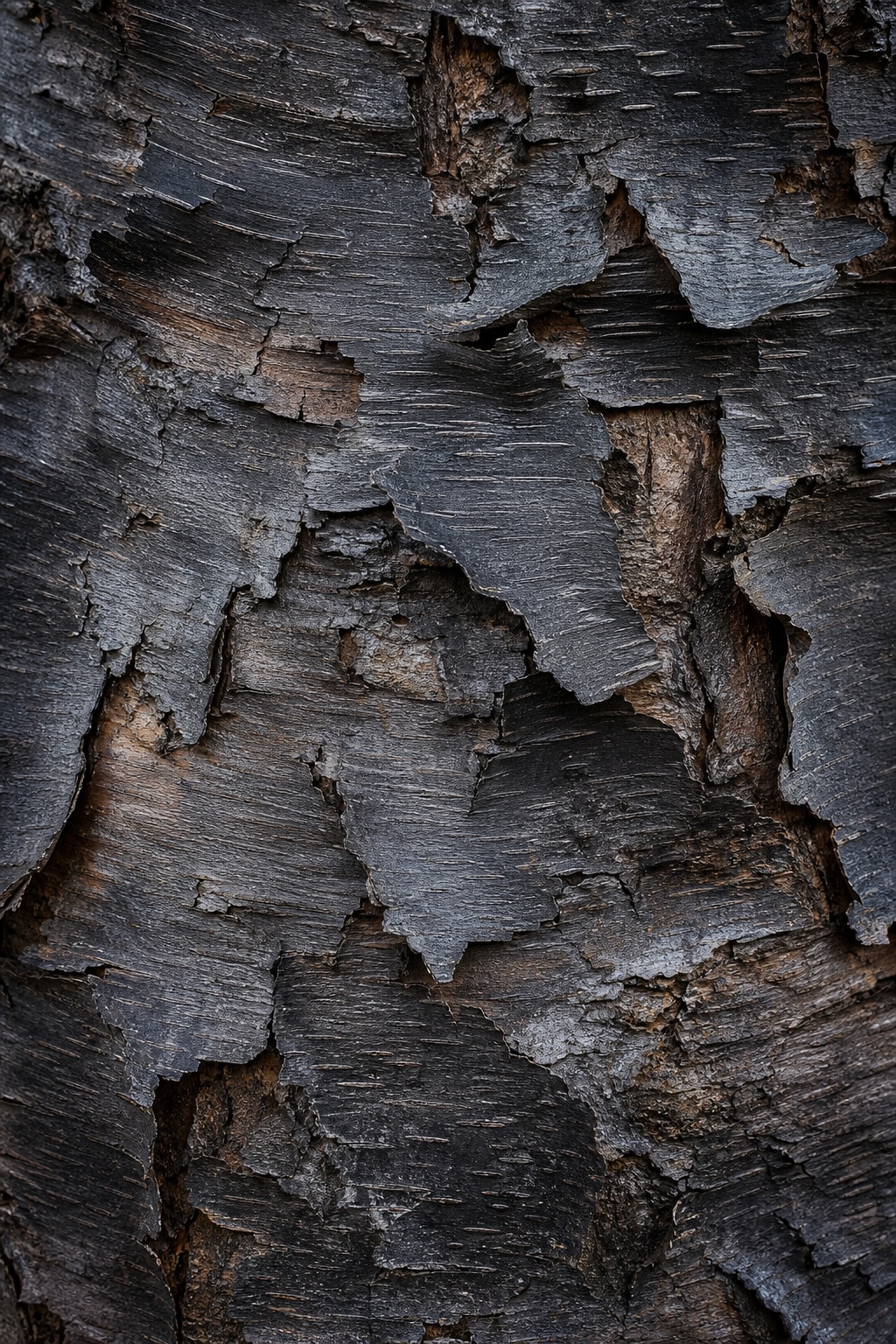 Close-up of dark charcoal weathered birch bark with torn layered texture