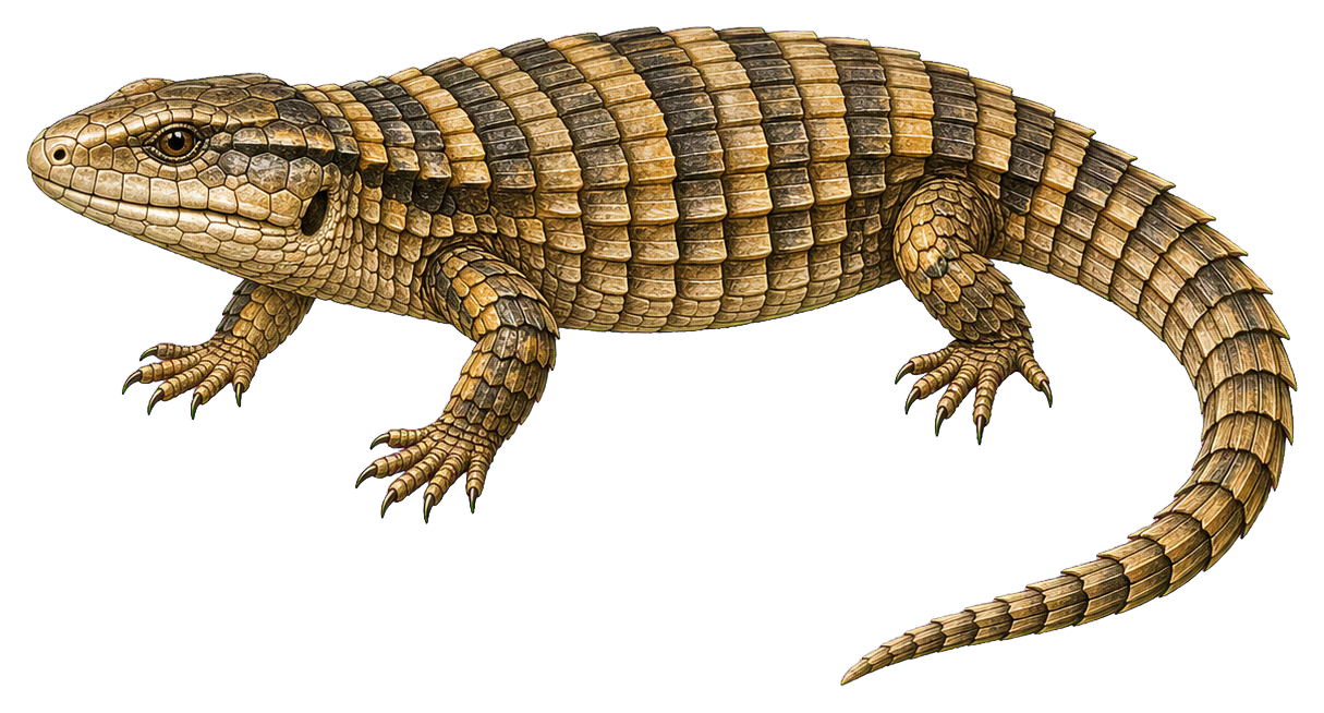 Plated lizard with striped brown body and long curled tail on transparent background