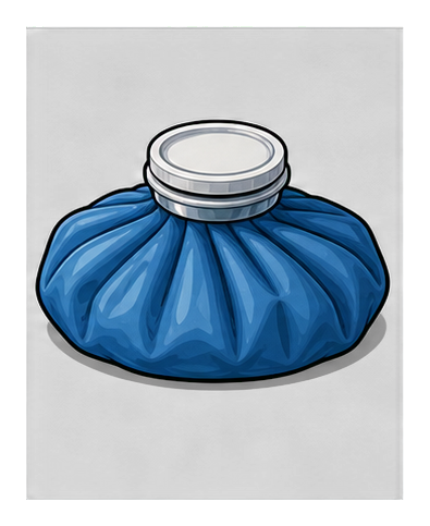 Blue ice pack illustration with a silver cap and tied cloth bundle shape.