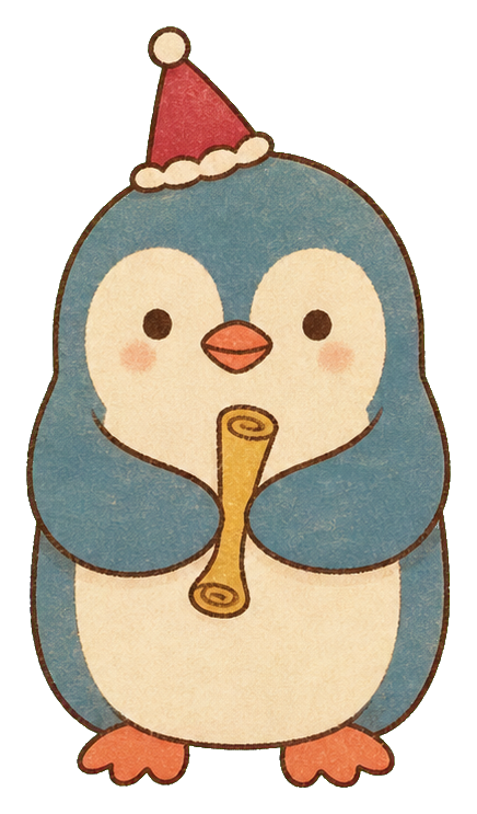 Dusty blue penguin wearing a red party hat and holding a horn.