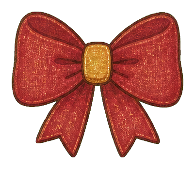 Glittery cranberry red bow with gold center and ribbon tails