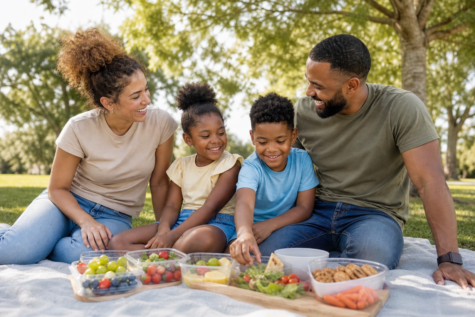 Family of four sitting on a picnic blanket in a park with food