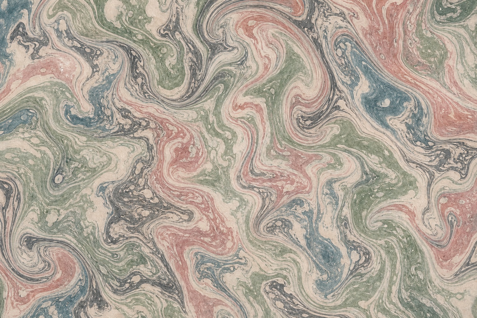 Soft marbled paper pattern with flowing green, pink, and beige swirls