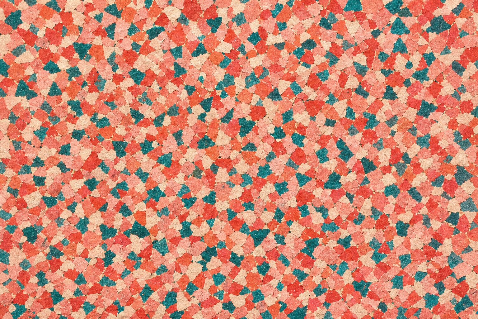 Coral and teal geometric abstract pattern with small scattered shapes