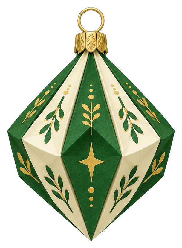 Folded diamond Christmas ornament with green and cream paper craft panels and gold accents