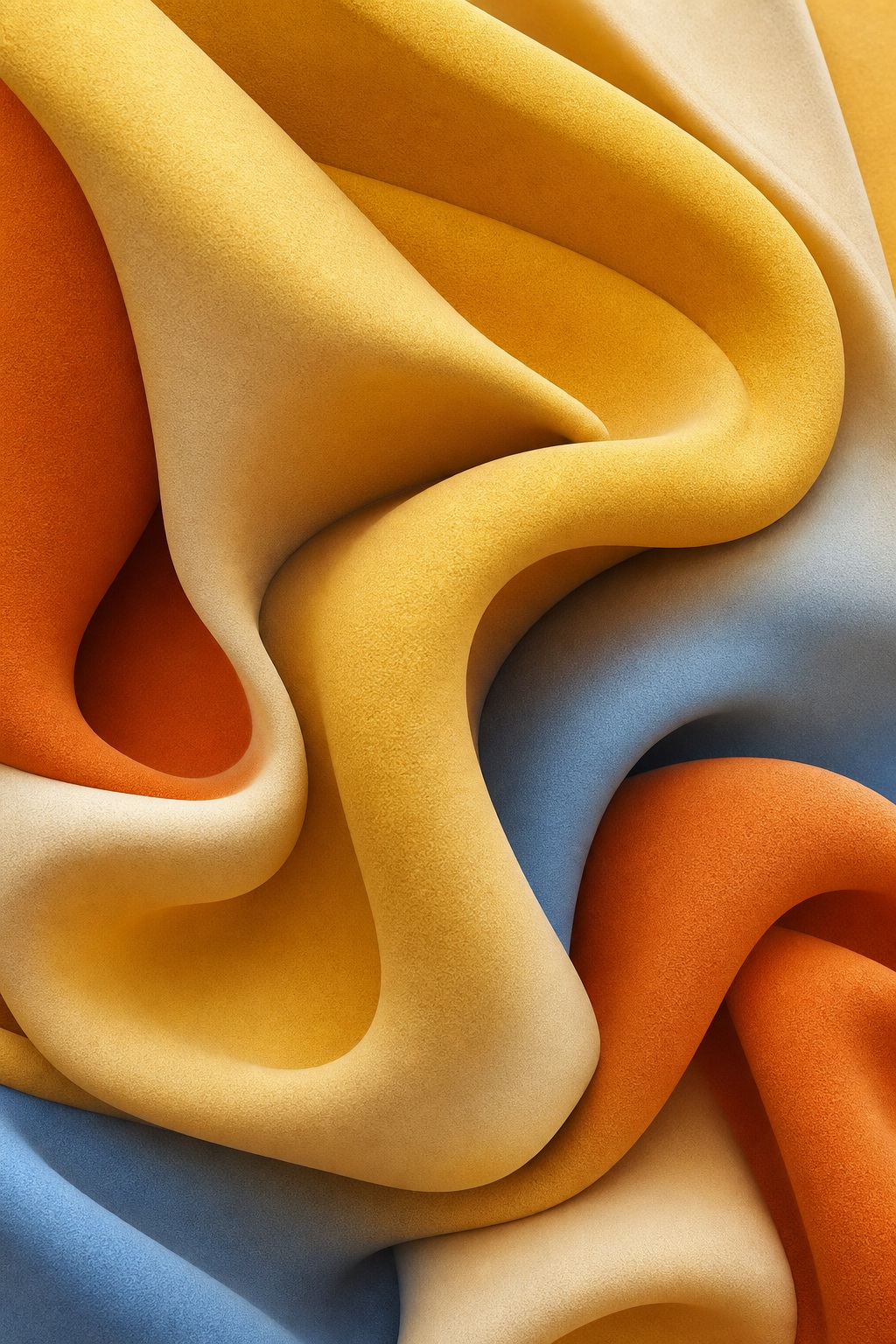 Saffron and blue folded abstract shapes with soft sculptural curves and textured surfaces
