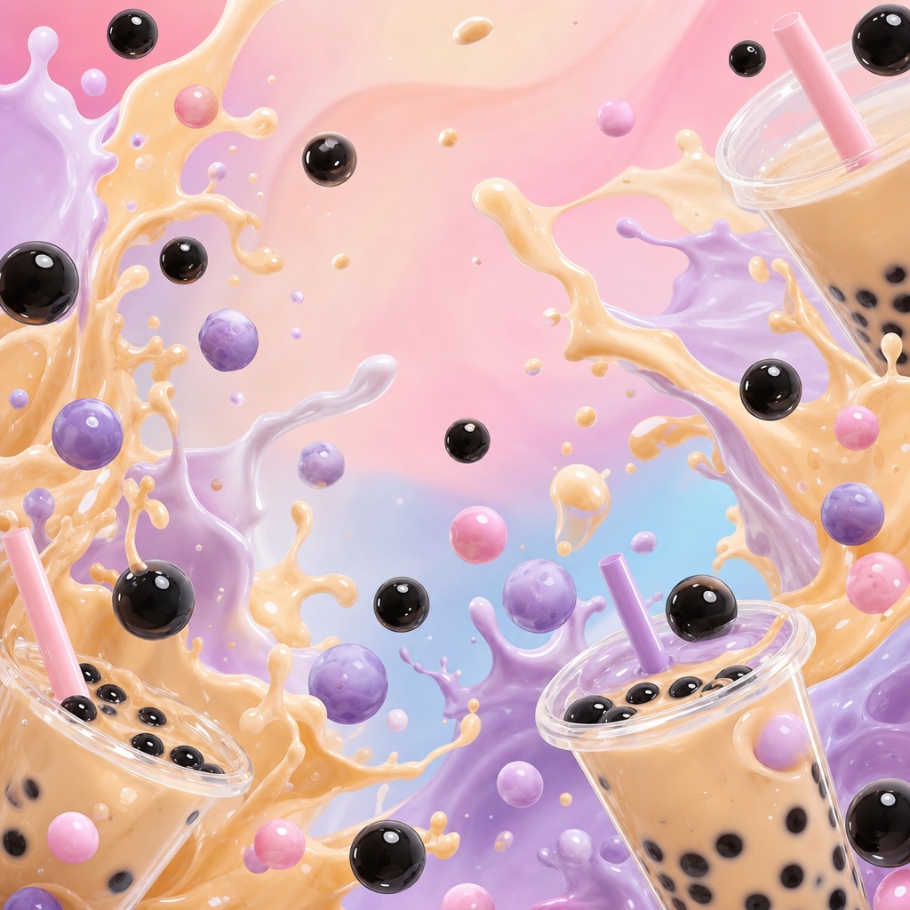 Pastel boba tea cups with tapioca pearls and creamy splash on a pink and purple background.