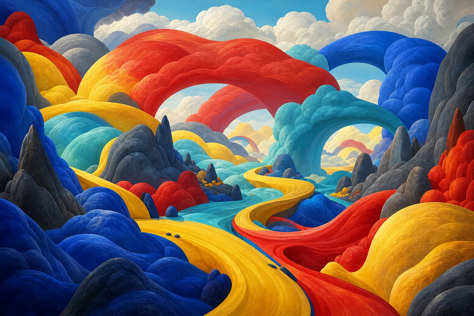 Colorful surreal landscape with rainbow cloud bridge over layered hills and clouds